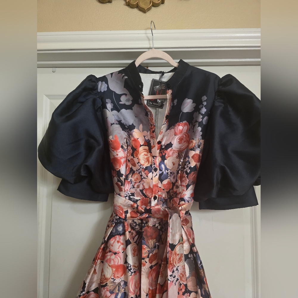Floral Satin Midi Dress with Puff Sleeves - Navy & Pink Large - Picture 4 of 9